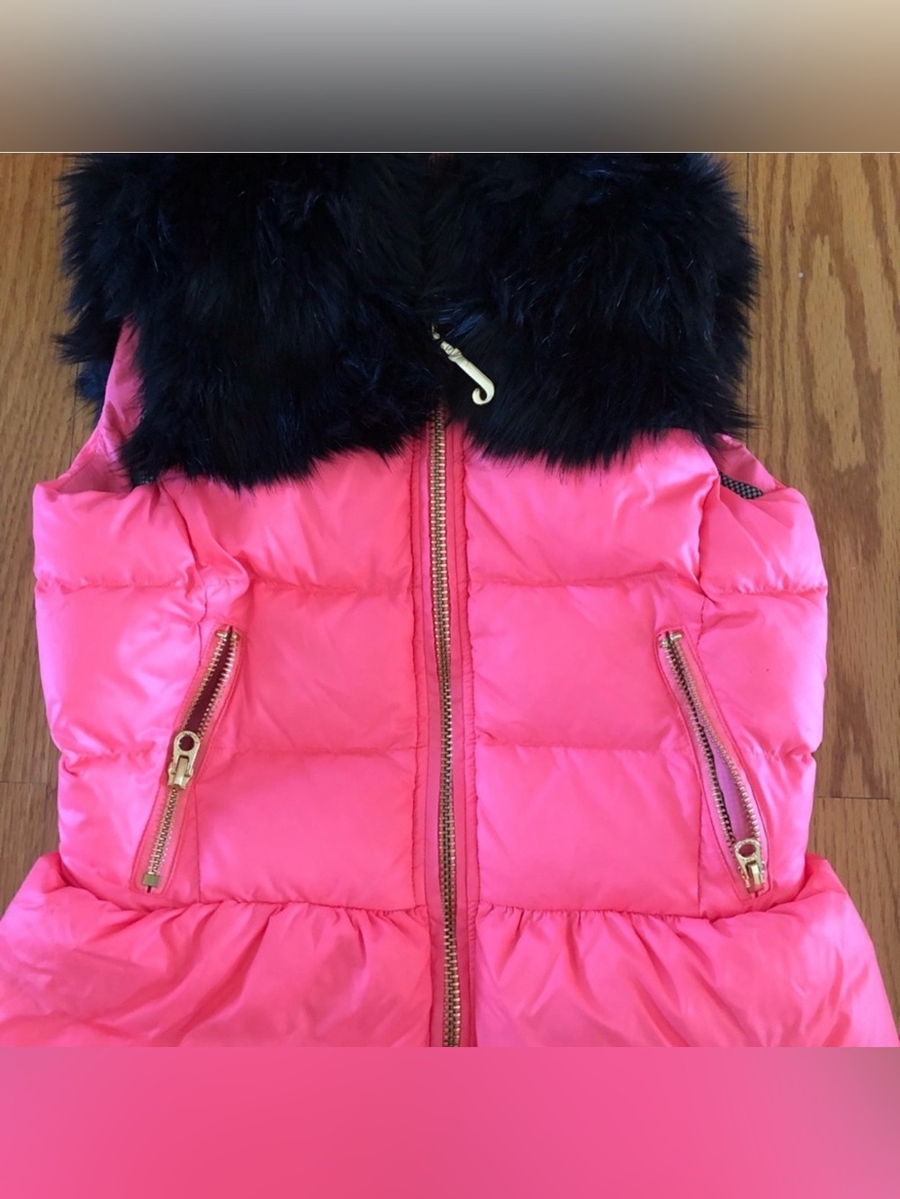 Juicy Couture Hot Pink Puffer Vest with Black Faux Fur Collar
